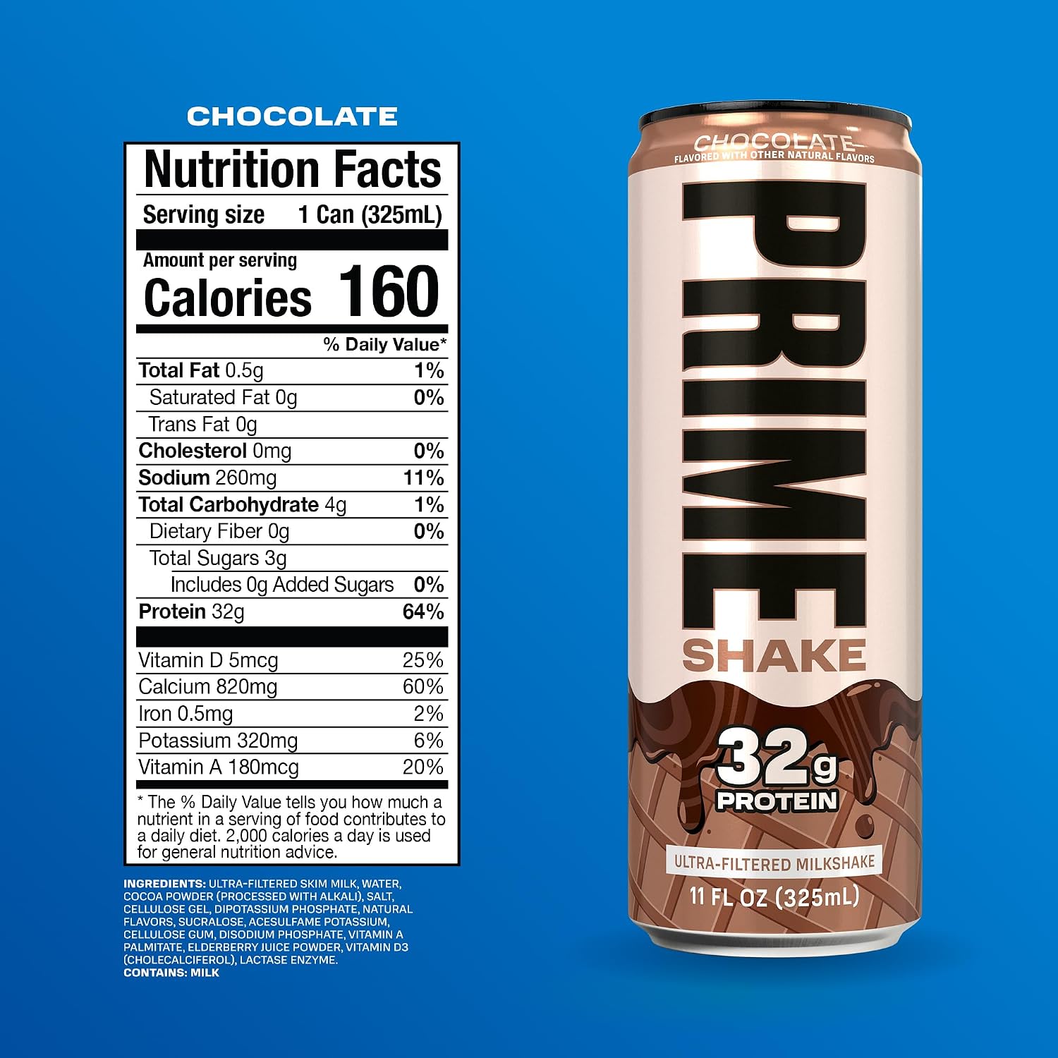 PRIME Shakes, Chocolate, 32g Protein Shake for Muscle Support & Recovery, Ultra-Filtered Milk, Lactose Free, Low Sugar, Low Calorie, Ready to Drink, 11 fl oz, 12 Pack