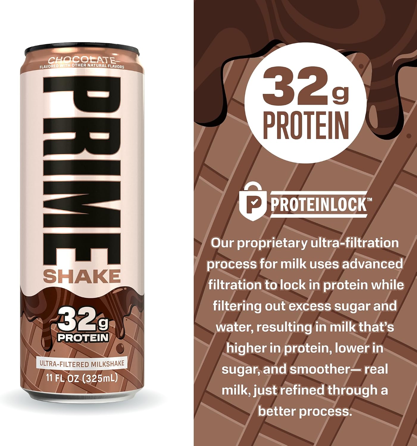 PRIME Shakes, Chocolate, 32g Protein Shake for Muscle Support & Recovery, Ultra-Filtered Milk, Lactose Free, Low Sugar, Low Calorie, Ready to Drink, 11 fl oz, 12 Pack