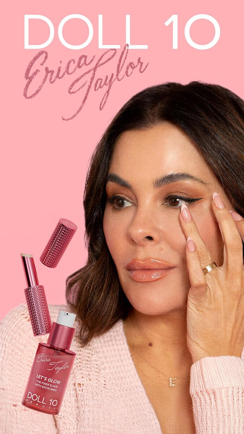 DOLL 10 X Erica Taylor - Let's Glow Duo- Brightening Face Serum + Face & Under Eye Balm Stick - Hydrating Makeup Prep Set for Radiant, Refreshed Skin- Hyaluronic Acid, Niacinamide, NAD- Fair to Medium