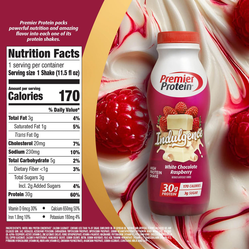 Premier Protein INDULGENCE 30g Shake, White Chocolate Raspberry, 12 Pack
